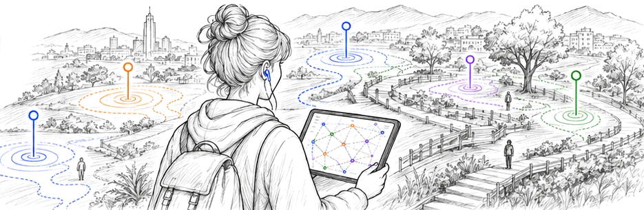 Un paysage dessiné au trait : une personne au casque tient une tablette où s'affiche une carte de sources sonores reliées entre elles ; dans le paysage, des repères colorés diffusent des zones concentriques.