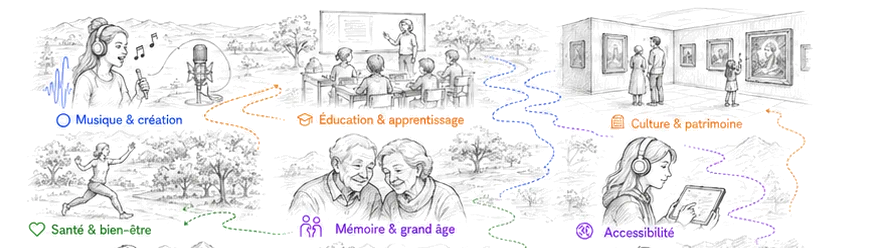Dessin au trait rassemblant six scènes légendées — musique et création, éducation et apprentissage, culture et patrimoine, santé et bien-être, mémoire et grand âge, accessibilité — reliées entre elles par des trajectoires pointillées de couleur.