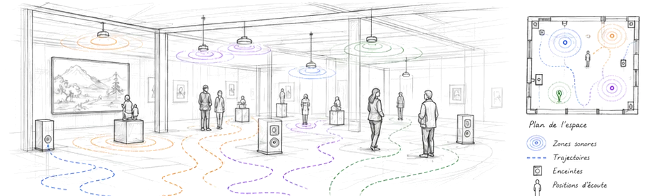 Dessin au trait d'une salle d'exposition : des haut-parleurs sur pied, des visiteurs, et au sol des zones concentriques colorées qui se recouvrent.