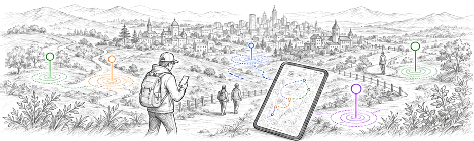 Dessin au trait d'un paysage vallonné traversé d'un sentier ; un marcheur au casque, et le long du chemin des repères colorés dont les zones se recouvrent.