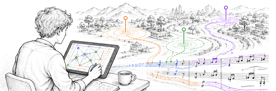 Dessin au trait : une personne compose sur une tablette où s'affiche une carte de sources reliées ; à droite, le paysage se prolonge en portées musicales traversées de trajectoires colorées.